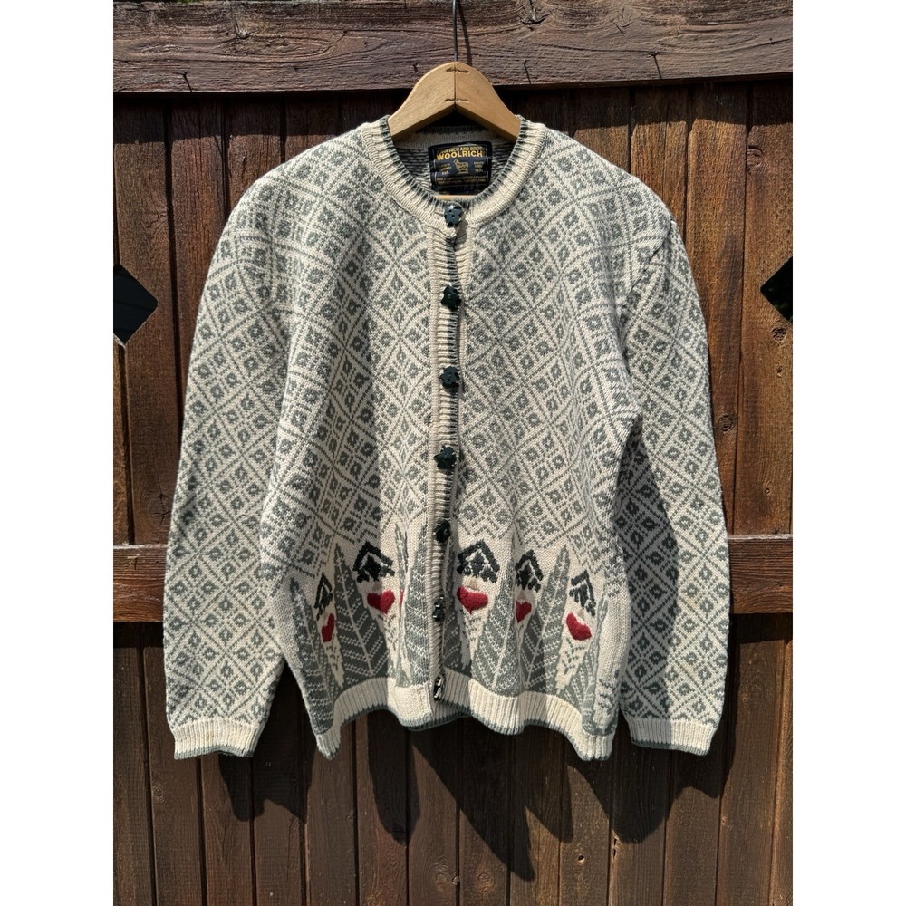 Vintage Woolrich Country Sweater Tree Buttons Size L Cottage Granny Nerd Hipster